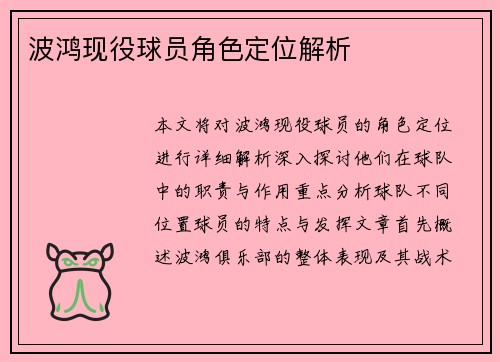 波鸿现役球员角色定位解析