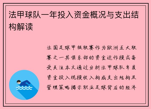 法甲球队一年投入资金概况与支出结构解读