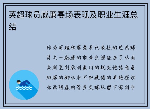 英超球员威廉赛场表现及职业生涯总结